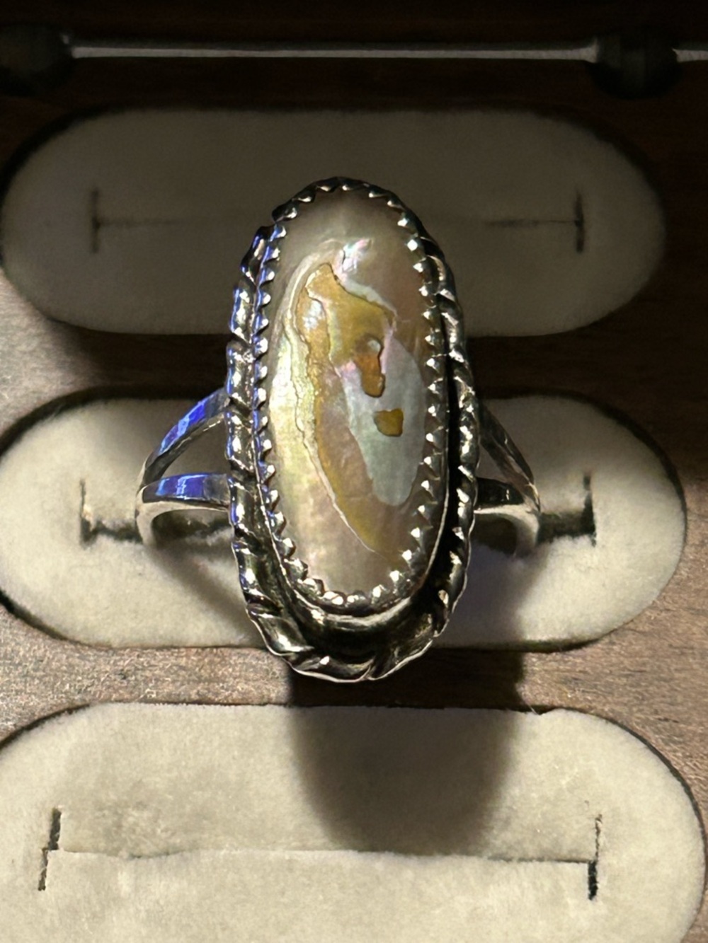 Oval Abalone Shell Silver Ring - Iridescent Green and Gold